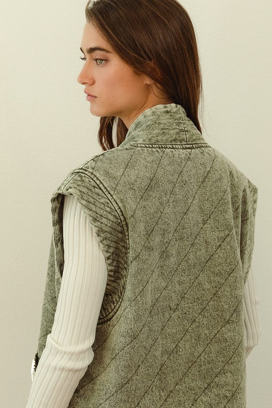 Mineral Wash Olive Quilted Denim Vest