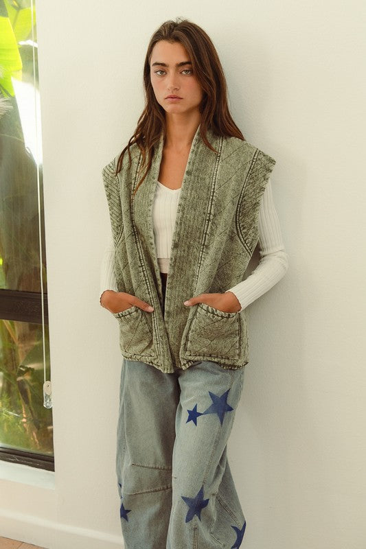 Mineral Wash Olive Quilted Denim Vest