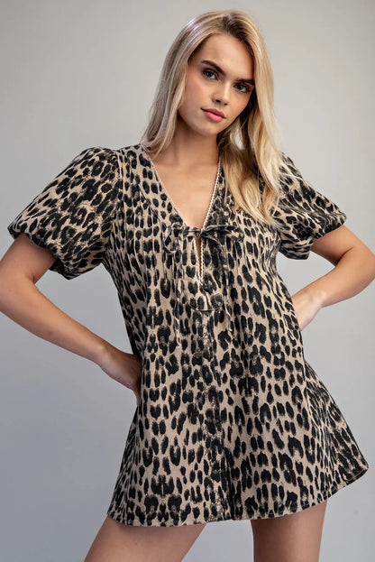 Leopard Puff Sleeve Romper