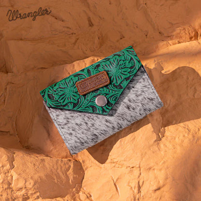 Wrangler Cowhide Floral Tooled Card Holder