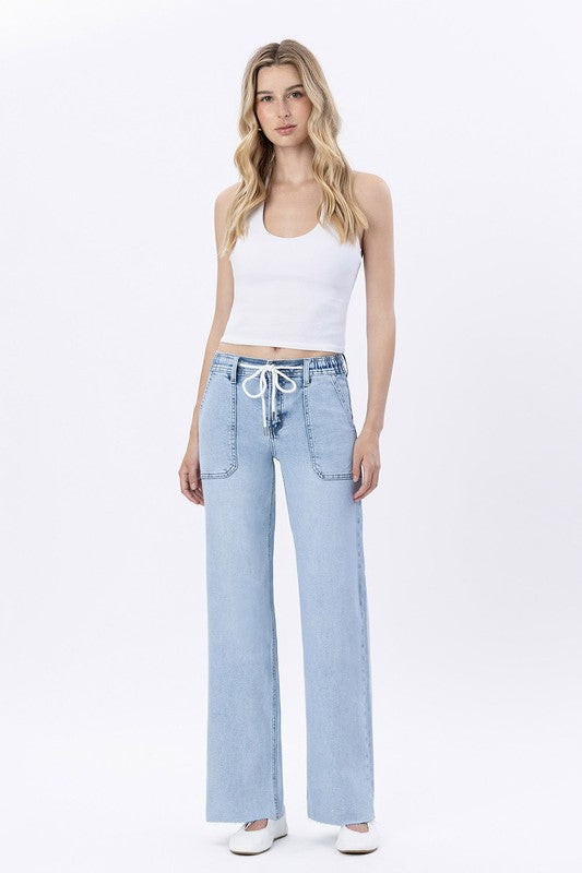Clearly Drawstring Waistband Wide Jeans