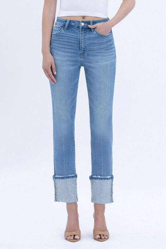 Elegant Serenity Slim Straight Cuffed Jeans (l9)