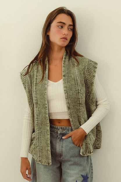 Mineral Wash Olive Quilted Denim Vest