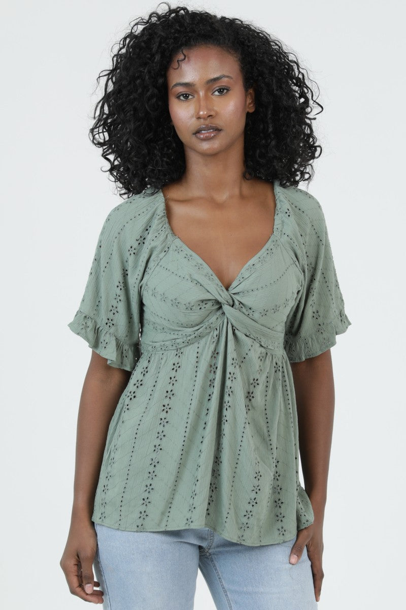 Olive Eyelet Top