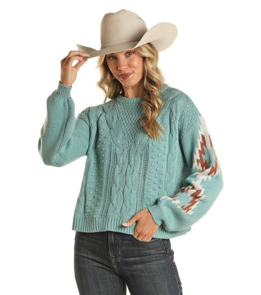 Rock & Roll, Ladies Teal Aztec Sleeve Cable Knit Sweater, BW32T02049