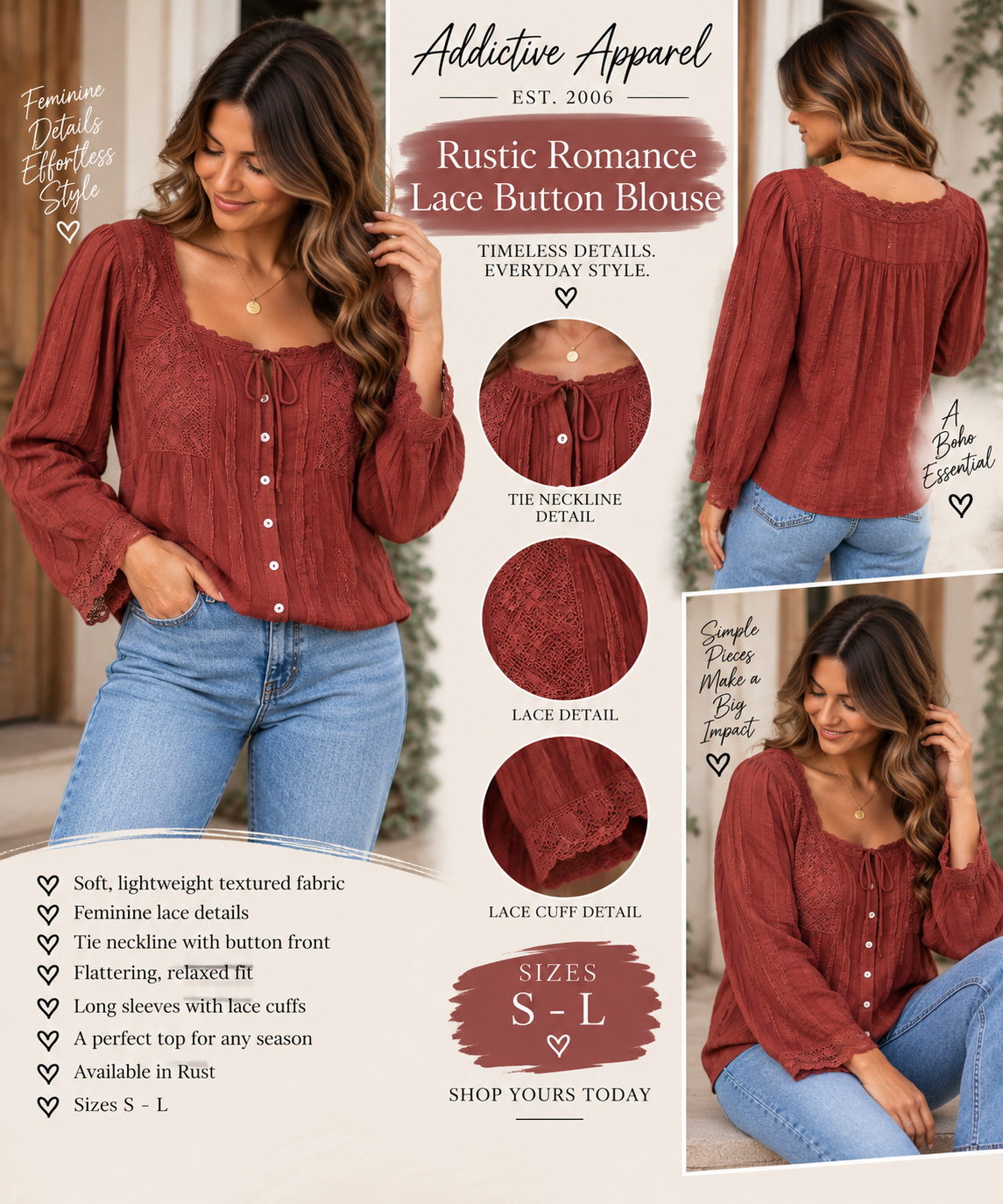 Rustic Romance Lace Button Blouse