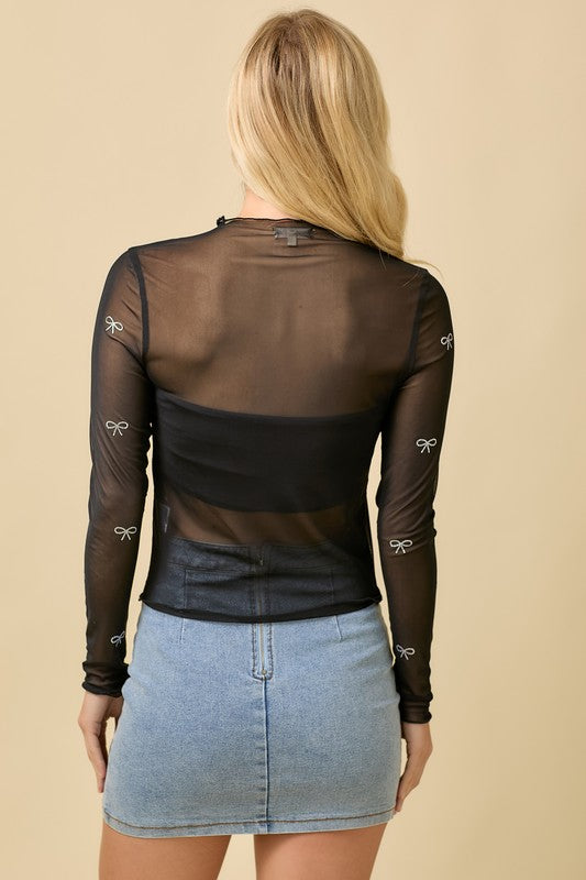Rhinestone Bow Mesh Top
