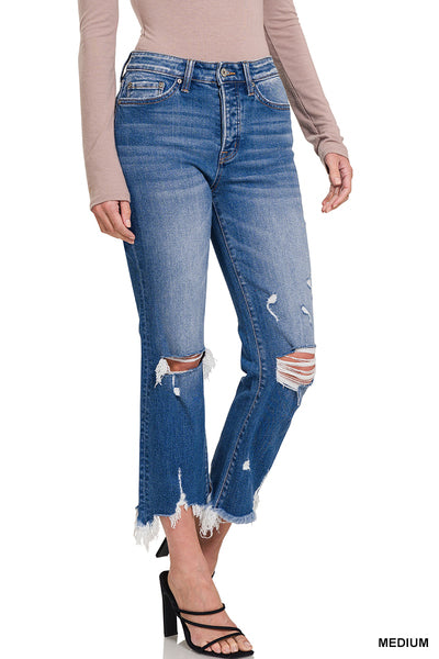 Mid Rise Distressed Bootcut Cropped Denim